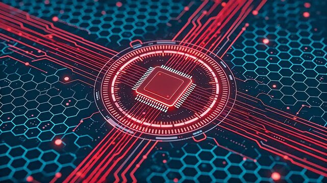 Red glowing square chip with pins surrounded by ring circuit pattern on black hexagon grid