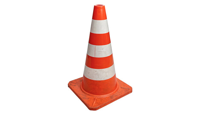 Orange and white striped plastic traffic cone isolated on transparent background