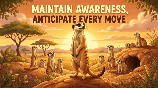 Meerkat family standing alert in savanna landscape at sunset, concept of awareness and vigilance