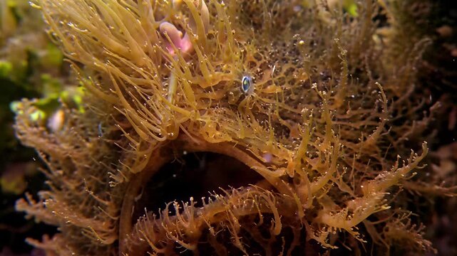 Close-up underwater view of a leafy seadragon camouflaged amongst seaweed