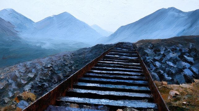 Railway tracks lead into misty mountains under a cloudy sky, with rocky sides and fading light
