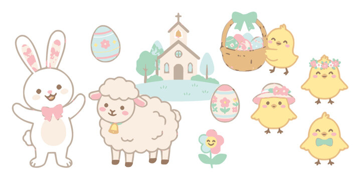 Easter vector illustration with &hellip; set with simple line art design featuring sketches, drawings, vector graphics with minimalist and simple illustrations