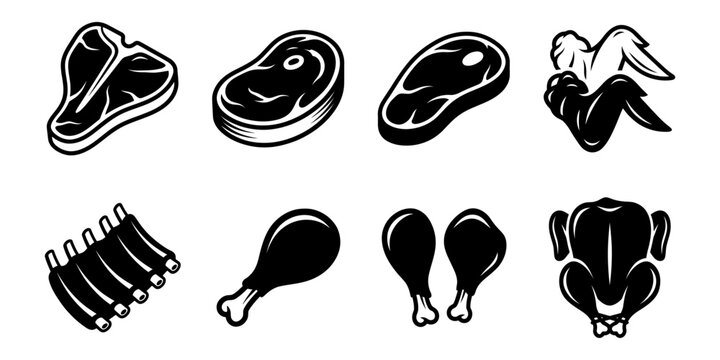 Vector raw meat icons set featuring t-bone steak, ribs, drumsticks, chicken wings, and whole chicken in monochrome vintage style