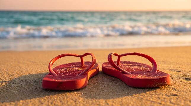 Red Flip Flops on Sandy Beach with Ocean Waves at Sunset &ndash; Summer Vacation, Tropical Holiday, Travel and Relaxation Concept