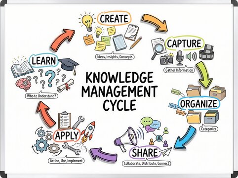 Lifestyle knowledge management cycle diagram showing create, capture, organize, share, apply, learn stages with colorful icons, circular workflow for modern living and personal growth