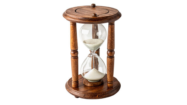 Vintage wooden hourglass sand timer clock isolated on transparent background