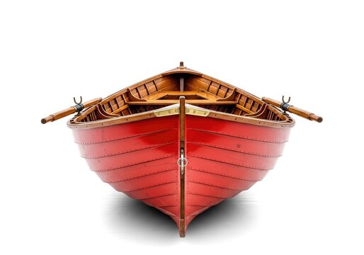 A vibrant red wooden rowboat sits isolated against a clean white background, showcasing its classic nautical design and sturdy structure, dinghy, sea, classic