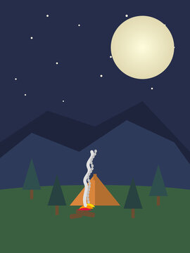 Night camping landscape with tent bonfire mountains and full moon vector illustration