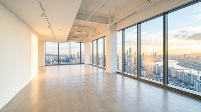 Large empty modern open plan office interior featuring huge glass windows revealing distant city skyline during golden hour sunset lighting