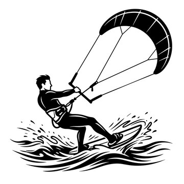 Kiteboarding man riding surfboard on waves splashing water extreme water sport