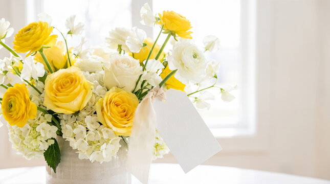 Lush floral bouquet containing yellow roses and white hydrangeas inside ceramic vase featuring blank paper gift tag tied with ribbon