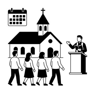Congregation walking towards church building while priest preaches from pulpit concept art