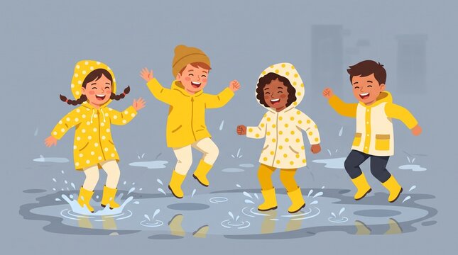 Children Playing in Rain Puddles Illustration