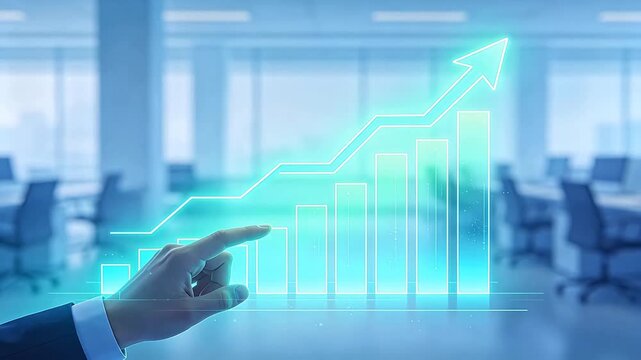 Business hand pointing at virtual growth charts in modern office