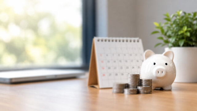 budget, planner, savings, piggybank, finance, goals, A pink piggy bank beside a calendar with stacked coins represents monthly savings planning, financial goals, and money management concepts.