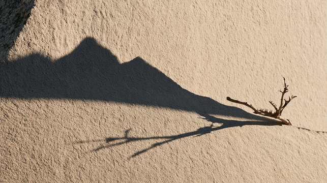 Shadows cast by a small dry twig create a mountain range illusion on a textured wall.