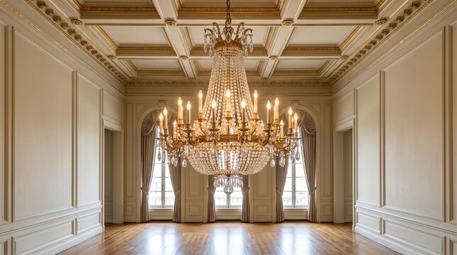 Elegant Grand Ballroom Interior Featuring a Magnificent Crystal Chandelier Hanging from a Detailed Coffered Ceiling in a Classical Setting