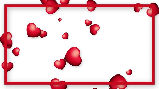 Red 3D Hearts Falling Through Rectangular Frame on White Background