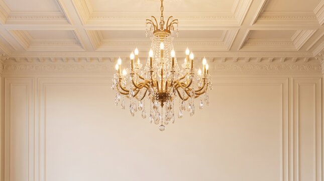 Elegant Crystal Chandelier Hanging in Sophisticated Classic Interior Room with Coffered Ceiling and Decorative Moldings