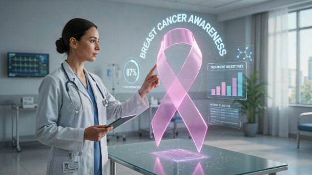 Breast cancer awareness pink ribbon hologram, female doctor using futuristic medical interface, oncology healthcare technology