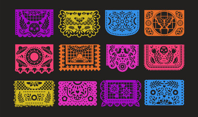 Fototapeta na wymiar Mexican paper bunting with colorful dead day flags and festive pattern. Mexico party vector banner with picado border and papel garland for holiday design. Isolated hispanic frame with decorations.