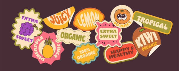 Obraz premium Groovy fruit labels and stickers in retro cartoon style. Vintage vector collection of lemon, orange and kiwi characters with funny faces. Fresh summer design elements for trendy y2k badges.