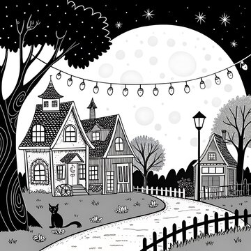 Cozy village house with string lights on a moonlit night