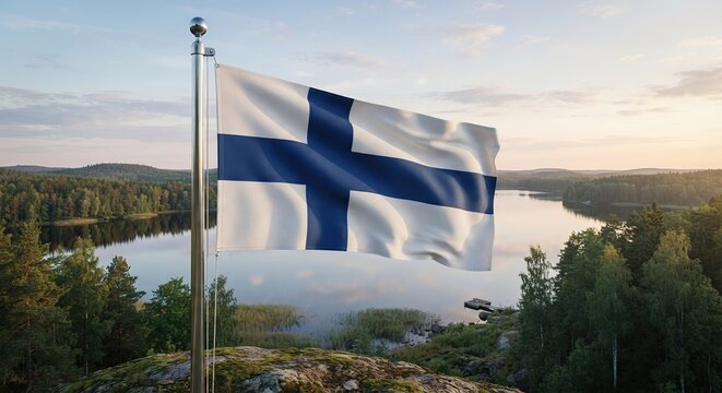 Finnish national flag with a blue Nordic cross on a white background waving against a serene nature and lake landscape.