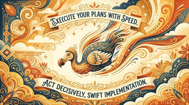 Ornate illustration of a stylized bird with flowing wings, carrying motivational slogans about speed and action in a vibrant, vintage style.