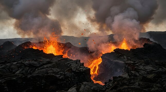 Dramatic volcanic eruption with bright orange lava flowing through black rocks, surrounded by thick smoke and glowing embers under a dark atmospheric sky.