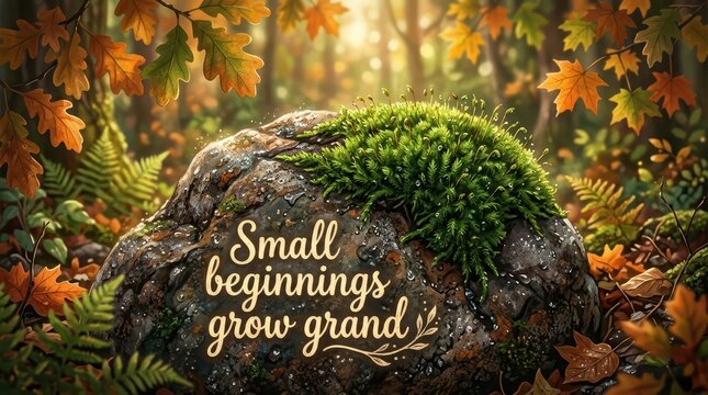 Moss-covered rock with inspirational quote 'Small beginnings grow grand' in autumn forest setting with fallen leaves and dappled sunlight