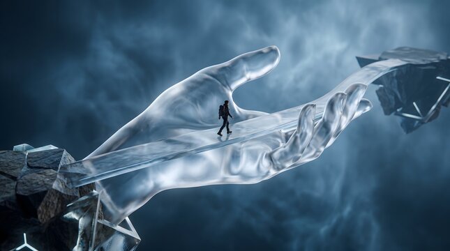 A small lone traveler walks across a giant translucent glass hand suspended in a dark mysterious atmosphere representing human connection technology evolution and the path toward an unknown