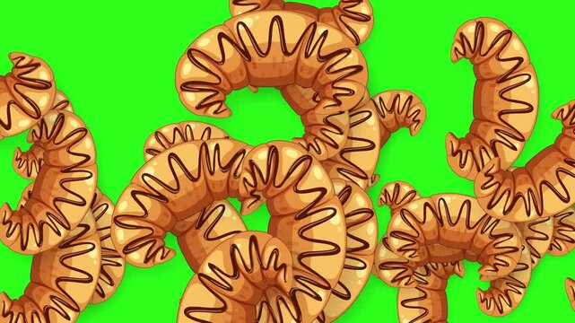 Animated Bursting Chocolate Drizzled Croissants on Green Screen Background