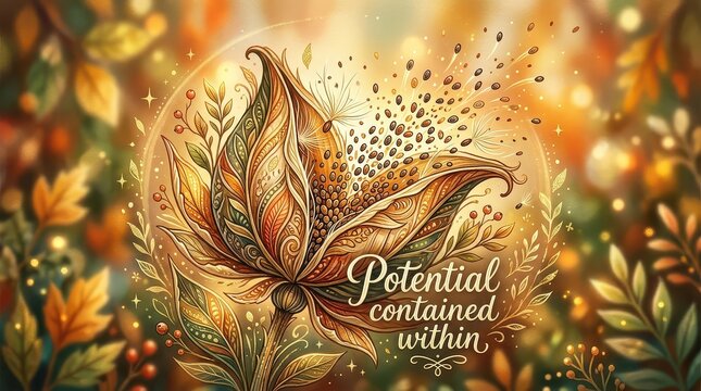 Ornate stylized flower bursting with seeds and light, symbolizing potential and growth, set against a bokeh background of autumn foliage and bokeh lig
