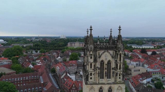 Drone aerial view of St Paulus Dom cathedral and St Lamberti church in M&uuml;nster Germany