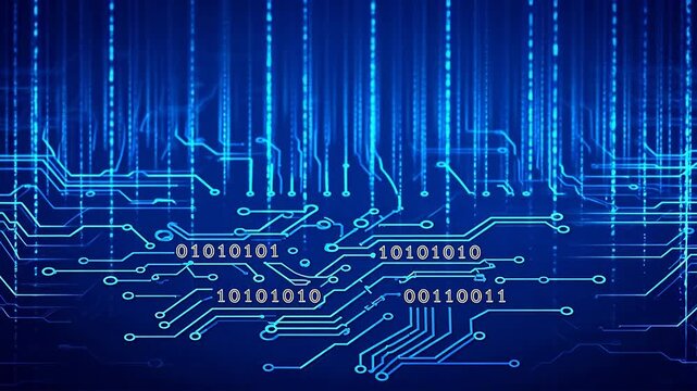 Blue electronic circuit pattern with nodes and binary code groups on deep blue background
