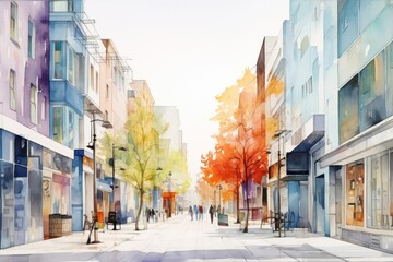 Fototapeta premium Watercolor illustration shopping street architecture cityscape building.