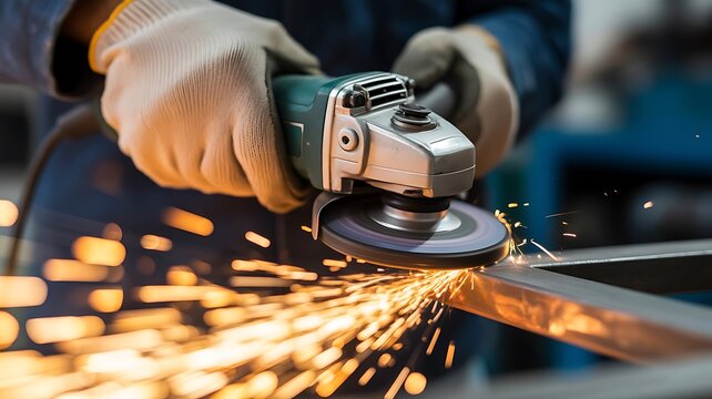 Worker wearing protective gloves using an angle grinder to cut metal frame with bright orange sparks flying in a workshop setting