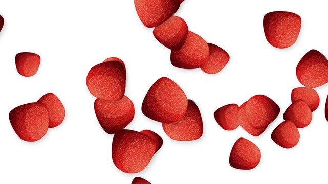 Red Gummy Candy Pieces Falling and Bouncing on White Background