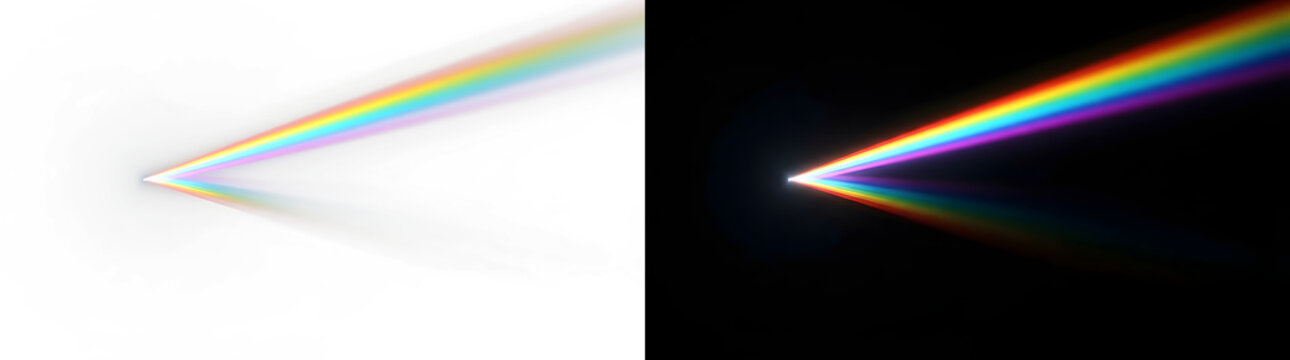 Optical light prism refraction. Rainbow spectrum beam diffusing. Cutout isolated graphic asset