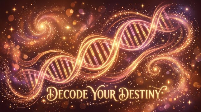 Mystical DNA Helix Swirls with "Decode Your Destiny" Text and Golden Sparkle Nebula Background