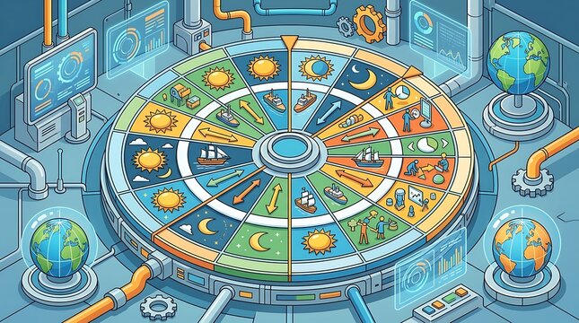 Isometric infographic mechanism for global logistics and trade