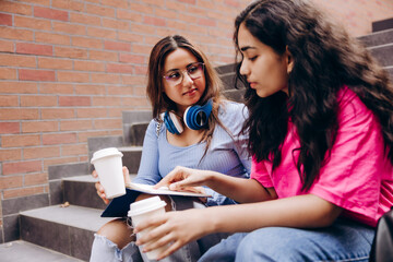 Two young women students studying together outdoors