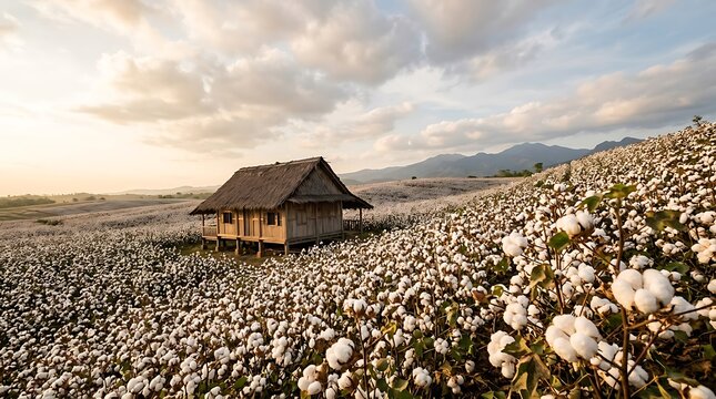 Wooden shack standing in a vast cotton field at sunset