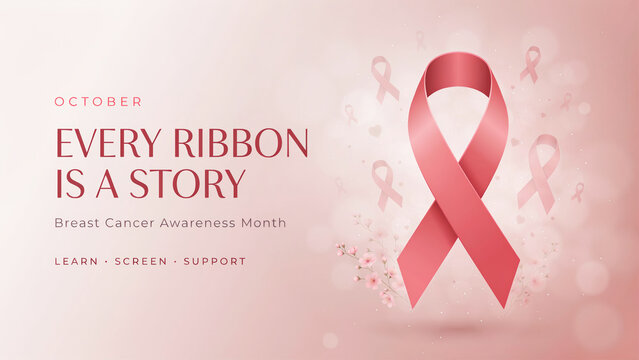 Pink breast cancer awareness ribbon on soft bokeh background. October health campaign banner with Every Ribbon Is A Story text.