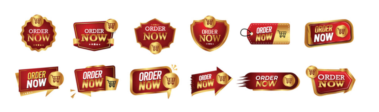 Order now mega collection call to action button set with red and gold badges vector illustration