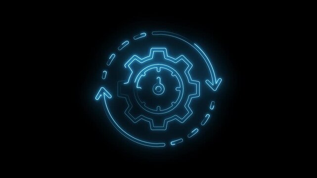 Neon gear clock icon animation for process automation and continuous improvement on black background