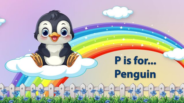Educational Alphabet Animation Featuring Cartoon Penguin and Rainbow Background