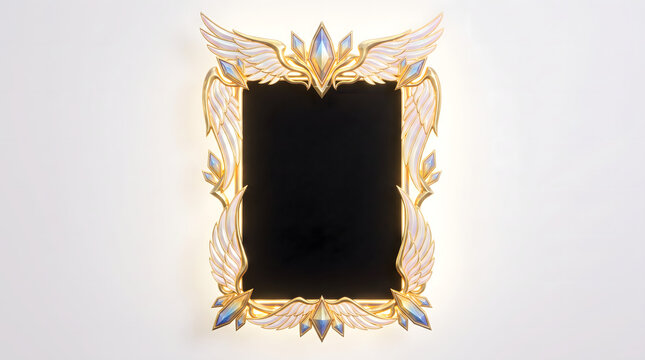 Fantasy trading card game UI frame template with glowing holy gold border and empty center