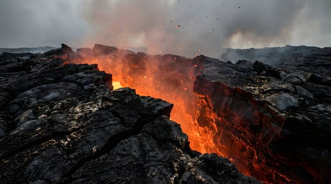 Intense volcanic lava glowing between dark rocks, with thick smoke and steam rising from a fiery crater in a dramatic natural disaster landscape.